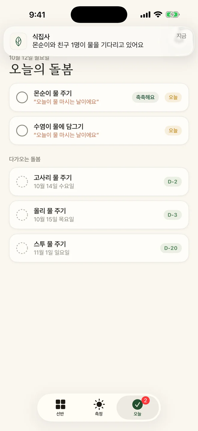 아침 알림과 오늘의 돌봄 화면